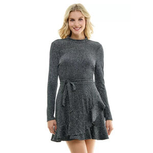 Speechless Long Sleeve Ruffle Hem Dress Juniors Medium Black Metallic